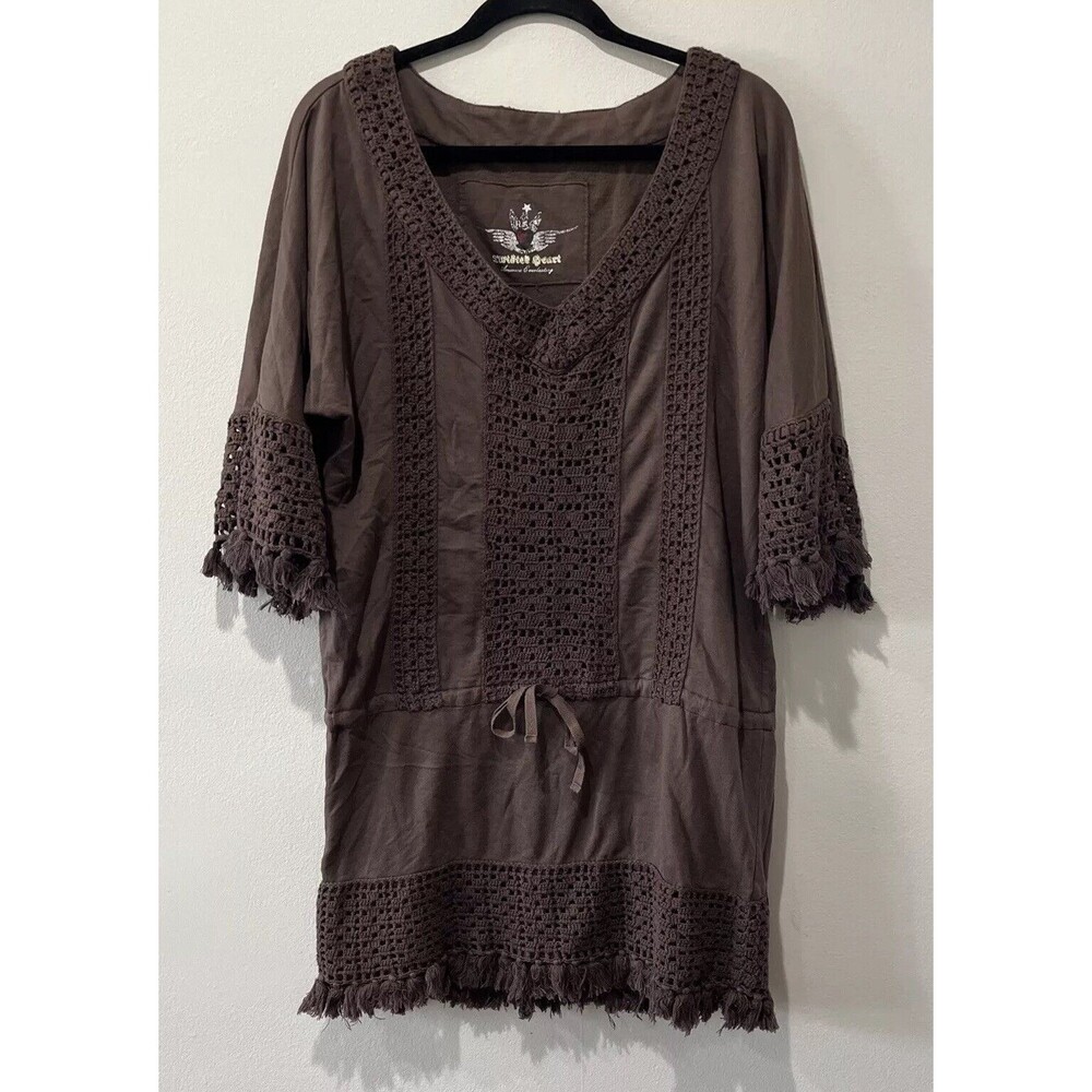 Twisted Heart Tunic‎ Mini Dress Women’s Large Brown Y2K Boho Crochet Festival